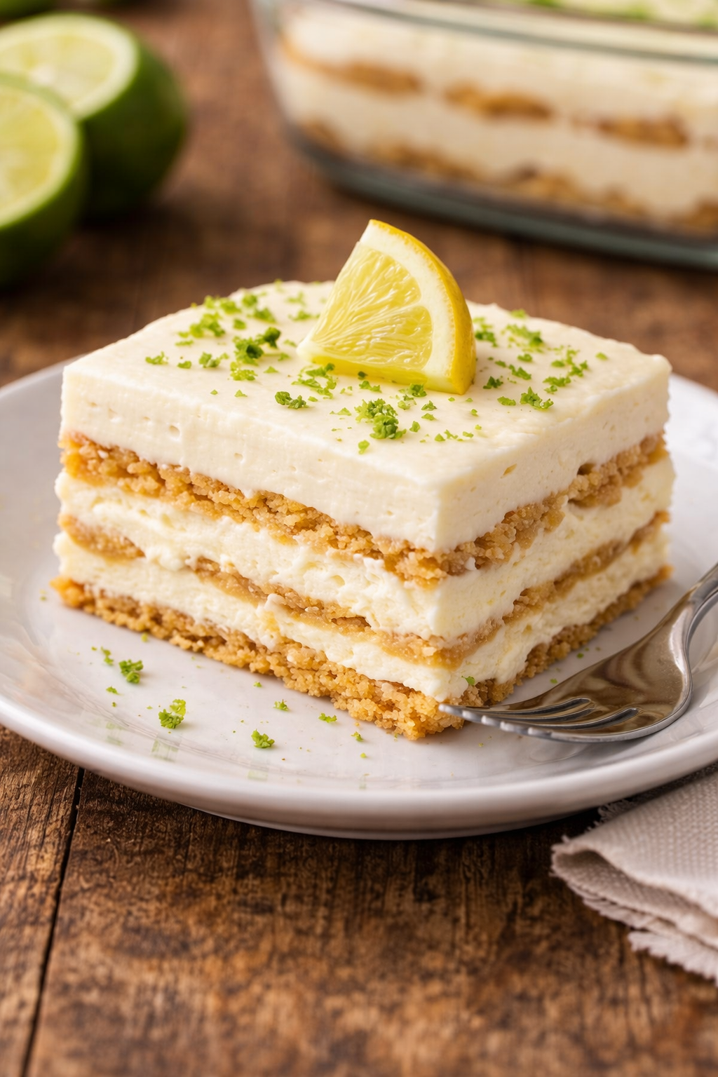 Rebanada de Carlota de Limón sin Leche Evaporada cremosa con galleta y decoración de limón fresco