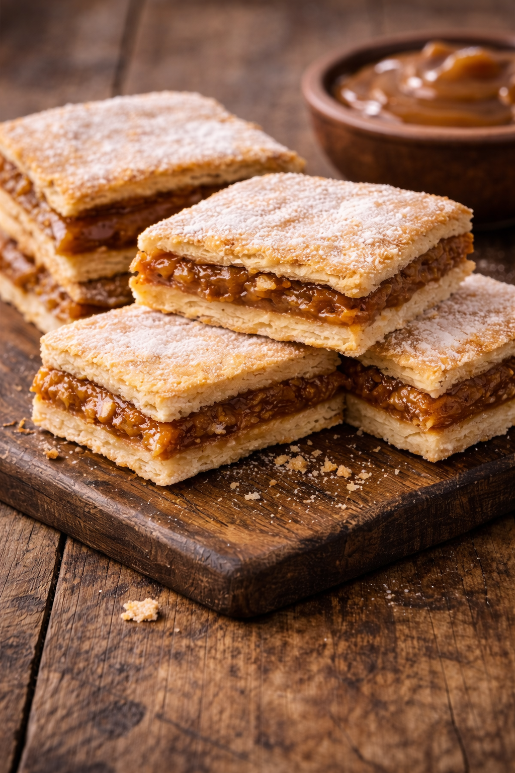 Chumbeque iquique tradicional con capas crujientes rellenas de manjar, presentado sobre mesa rústica de madera