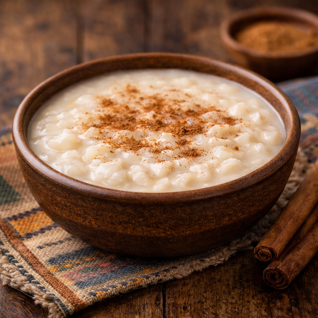 Mazamorra de chuño andina lista para comer, decorada con canela molida