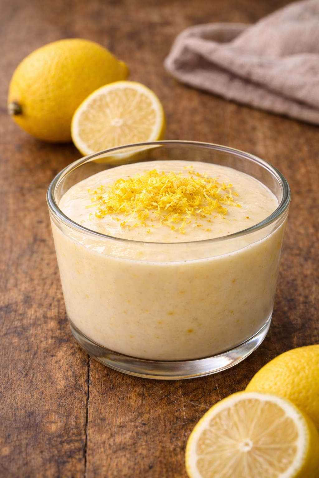Natillas caseras con maicena y ralladura de limón, una de las mejores recetas con maicena, presentada en vaso de vidrio con limones.