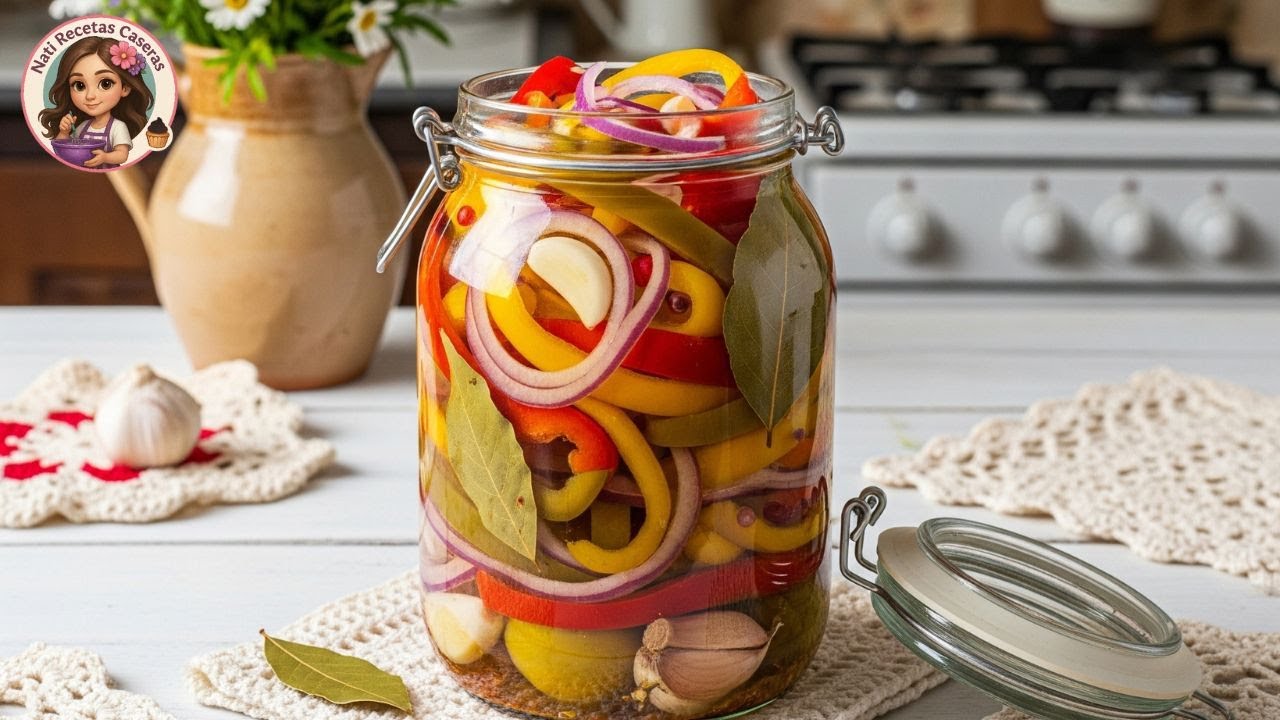 Pimientos encurtidos rápidos con vinagre y laurel