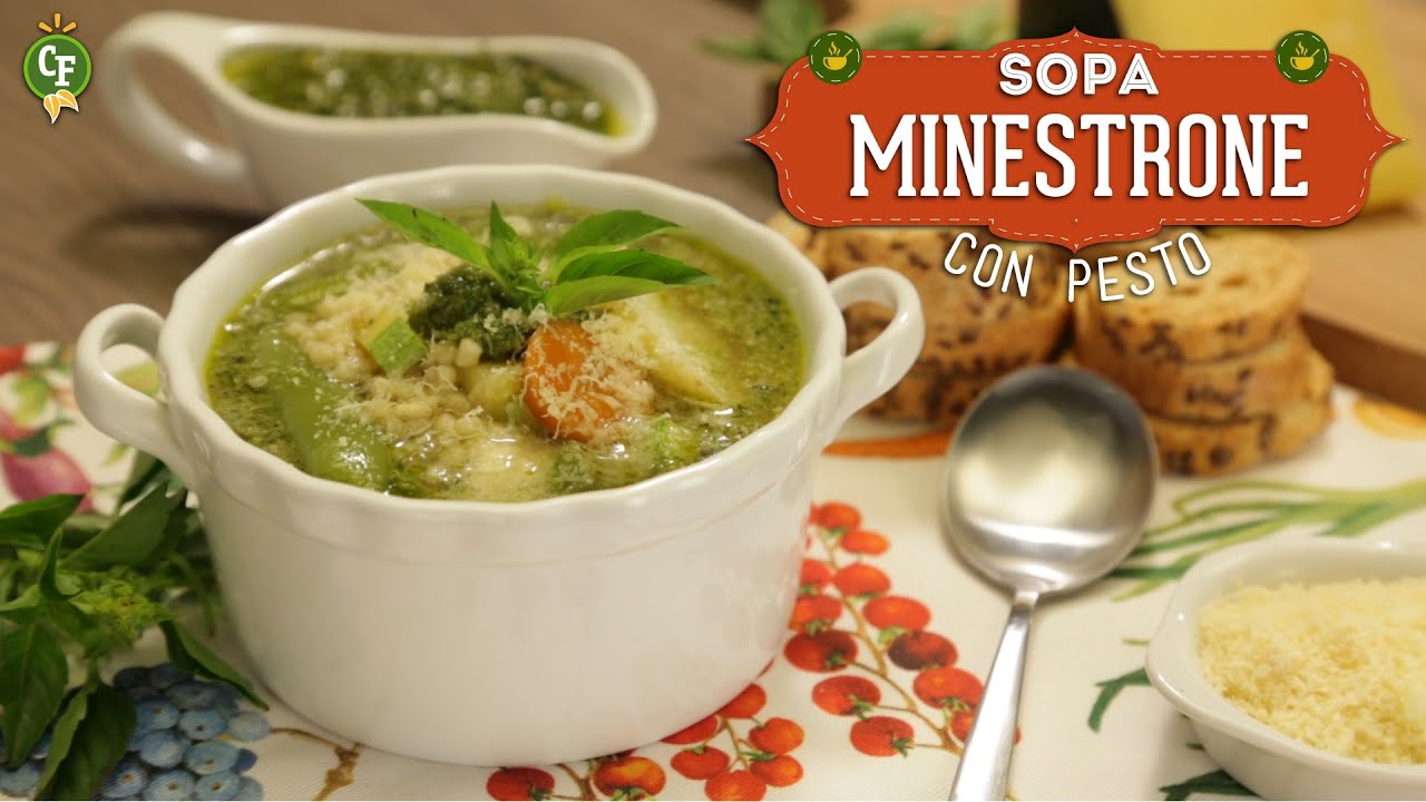 Sopa minestrone verde con pesto