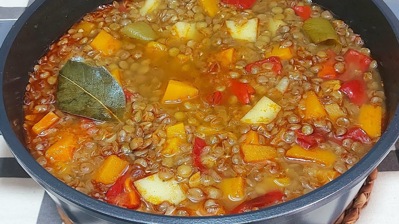 Receta de Lentejas con patatas y calabaza.