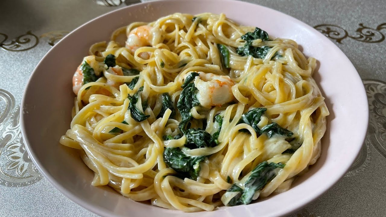 Receta de Pasta con gambas y espinacas