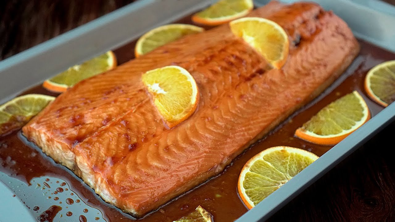 Receta de Salmón glaseado con mandarina y miel