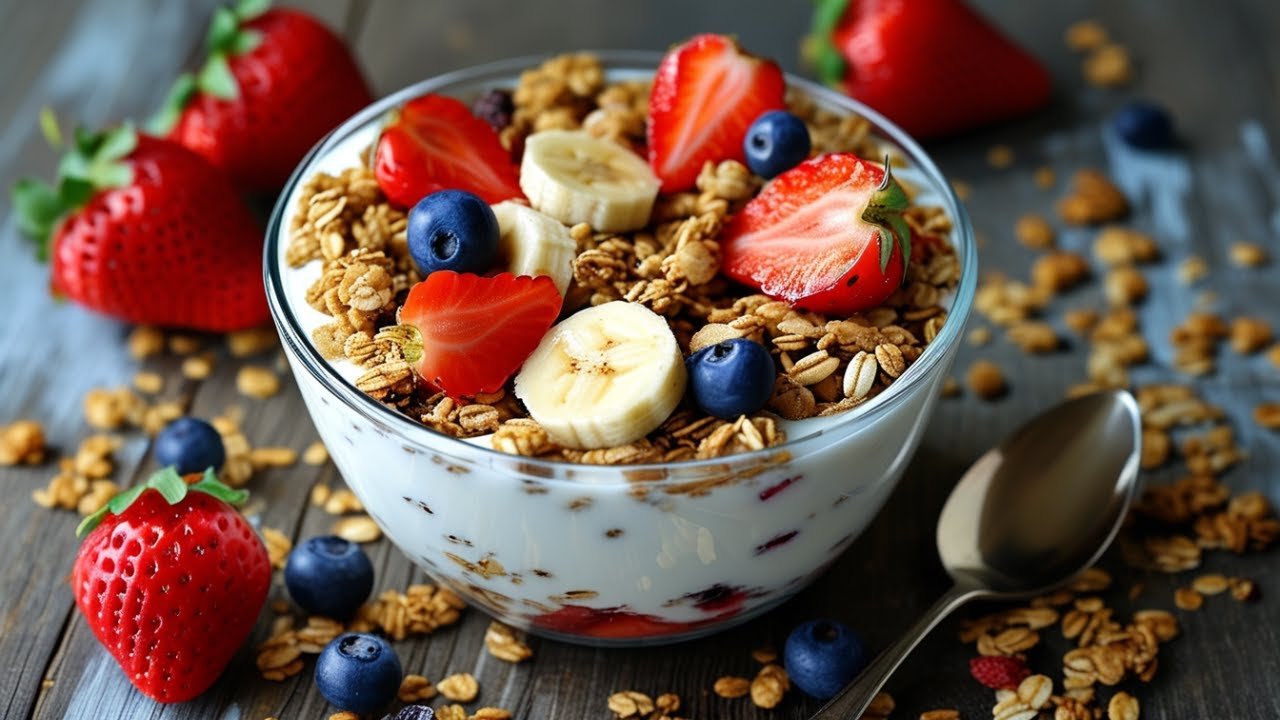 Yogur con granola y fruta