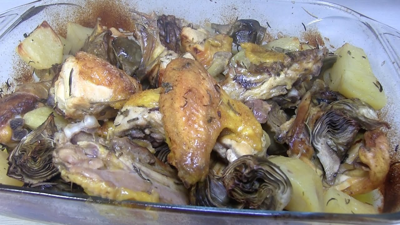 Receta de Pollo al horno con patatas y alcachofas